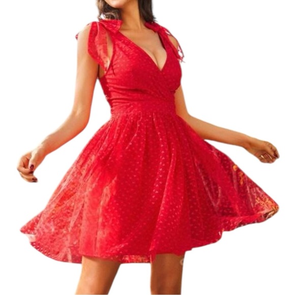 Red Heart Lacey V Neck Mini Valentines Dress Romantic Garden Boho Flirty - Picture 1 of 13